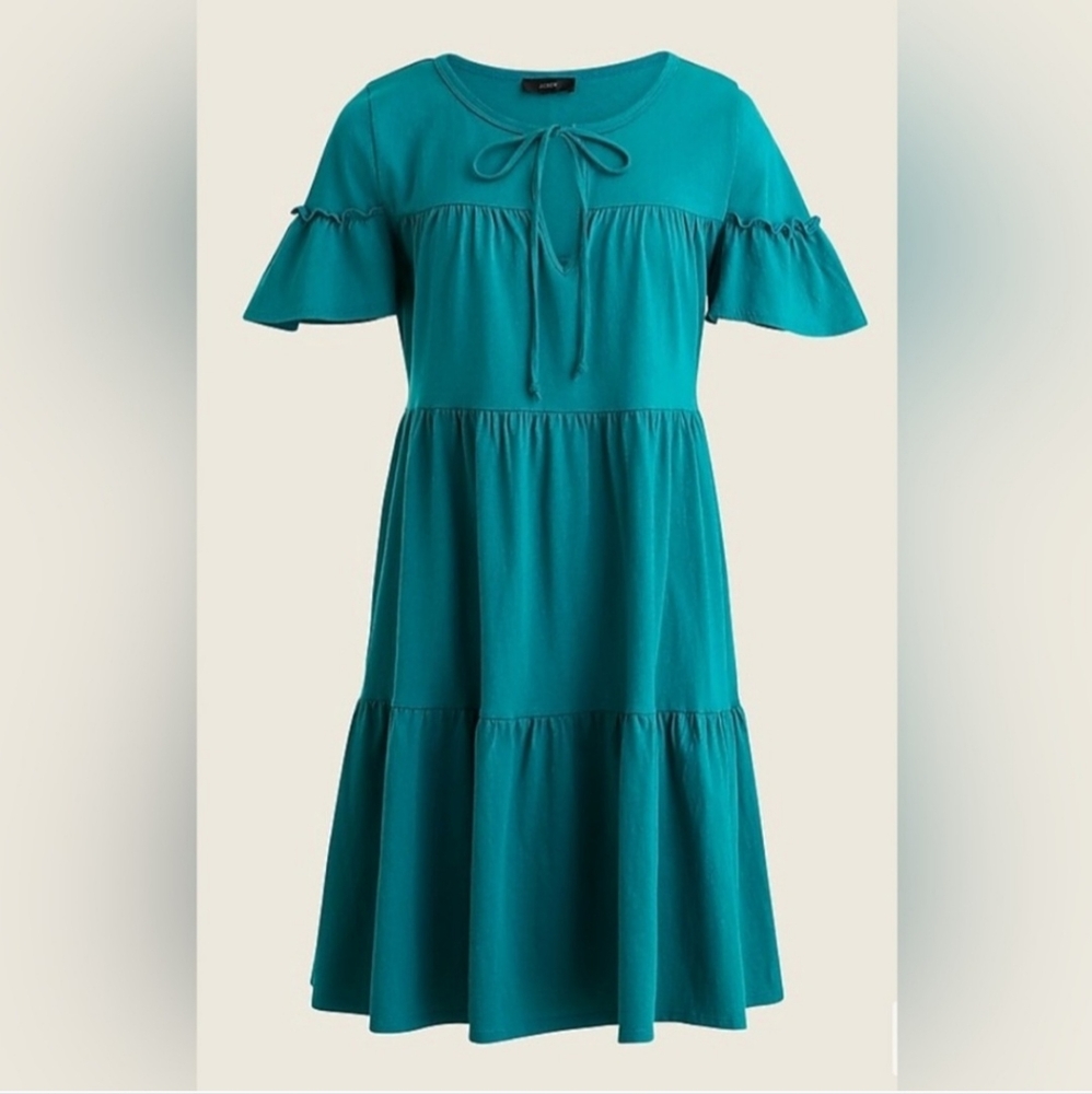 NWT J.Crew Broken-in Jersey Tiered Cotton Summer Mini Dress Green Color Size S